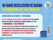 Este 1 de mayo no habrá retiro de basura, servicio se retoma el 3 de mayo